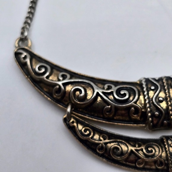 Statement Necklace Gold Tone Filigree Scrollwork Crescent Boho Witchy - Picture 3 of 7